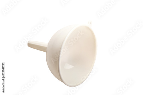 White plastic funnel liquid isolated on white background.