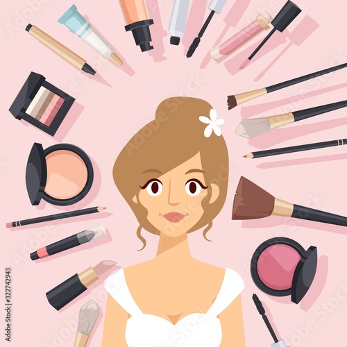 Makeup products, vector illustration. Beautiful woman surrounded by cosmetic items brushes and liners. Professional makeup studio, beauty salon promotion campaign. Set of womens cosmetic catalog cover