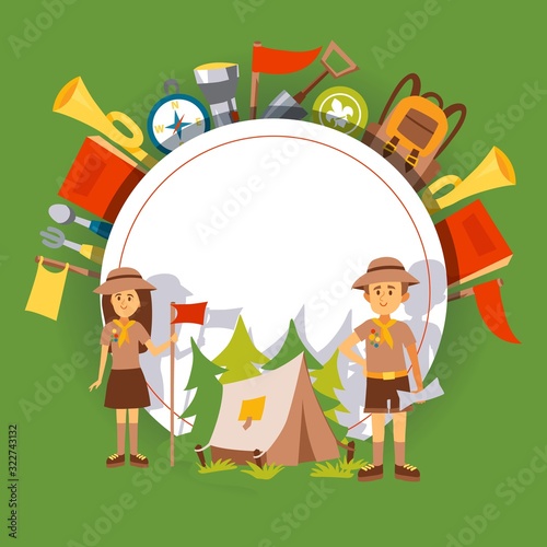 Scout camp brochure cover template, vector illustration. Friendly man and woman cartoon characters, scout leaders inviting to summer camp. Hiking trip, backpacking adventure, outdoor activity campaign