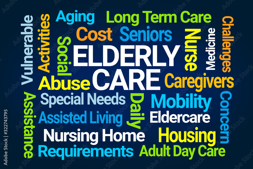Elderly Care Word Cloud on Blue Background Elderly Care Word Cloud on Blue Background