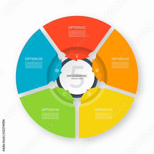Infographic process chart. Circular design template with 5 arrows pointing to the center. Cycle diagram that can be used for report, business infographics, data visualization and presentation.