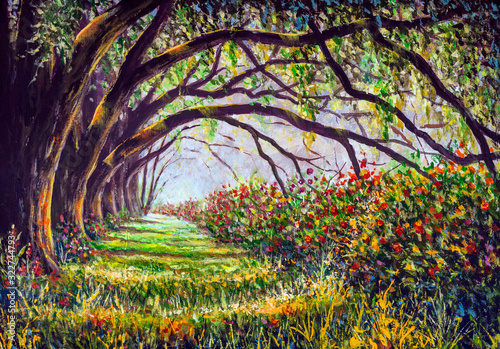 Fototapeta Naklejka Na Ścianę i Meble -  Glade in a fabulous sunny forest with large giants trees and beautiful bushes of lush flowers - acrylic, oil painting to illustrate fairy tales for children