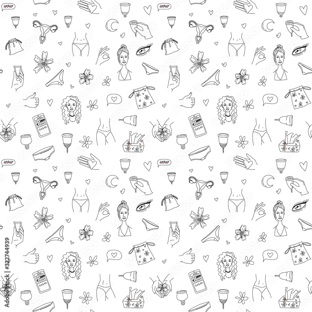 Women's menstruation periods seamless pattern background: menstrual cup Women's menstruation periods seamless pattern background: menstrual cup