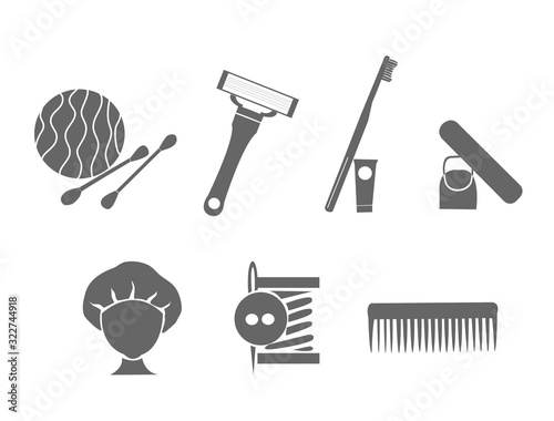 hotel kit icon. Trendy kit on transparent background. Shower cap, sewing kit, Vanity kit, Tooth kit, Shaving kit