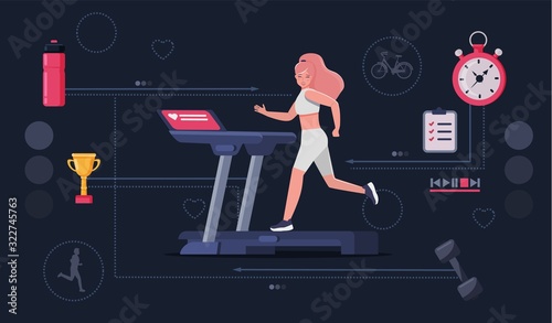 Pretty young woman running on treadmill on dark background. Concept modern sport girl, sports equipment and fitnes elements. Concept for advertising, loading pages.