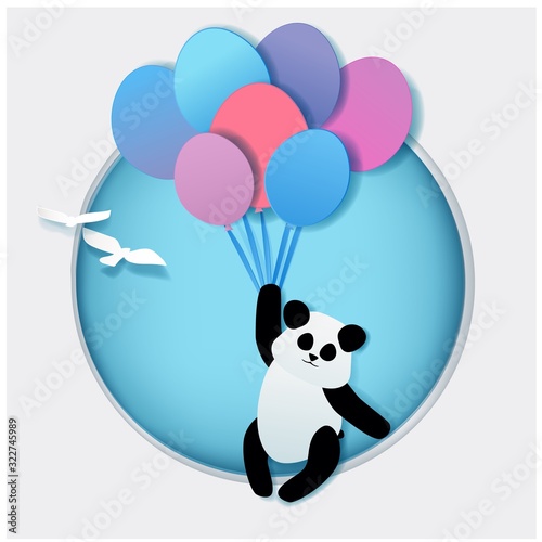 Panda flying on balloons in the sky, around seagulls, birds in paper cut art style vector illustration.