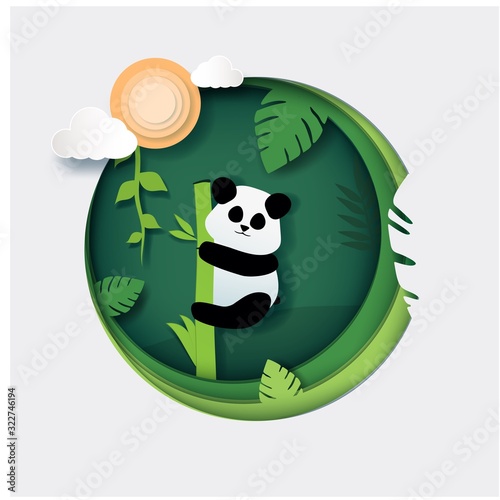 Panda in the rainforest, jungle, sitting on the cane, around the tropical leaves, sky, clouds, liana in paper cut art style vector illustration.