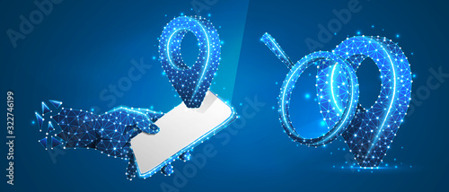 Phone in a hand, magnifying glass on a GPS location Pin. Traveling navigation, analysis of the route. Low poly, wireframe 3d vector illustration. Abstract, polygonal image on blue neon background