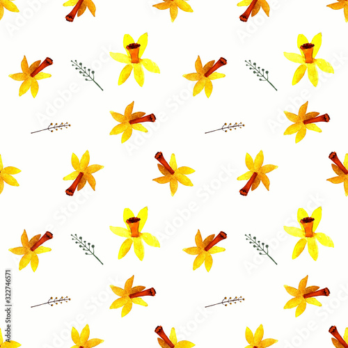 Seamless pattern with narcissus and leaves watercolor illustration on white background © Елена Нефидова