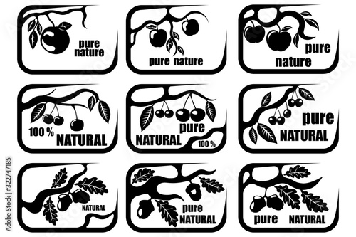 A set of nine icons for the theme of pure nature. Environmentally friendly product. Apples, cherries, and acorns.