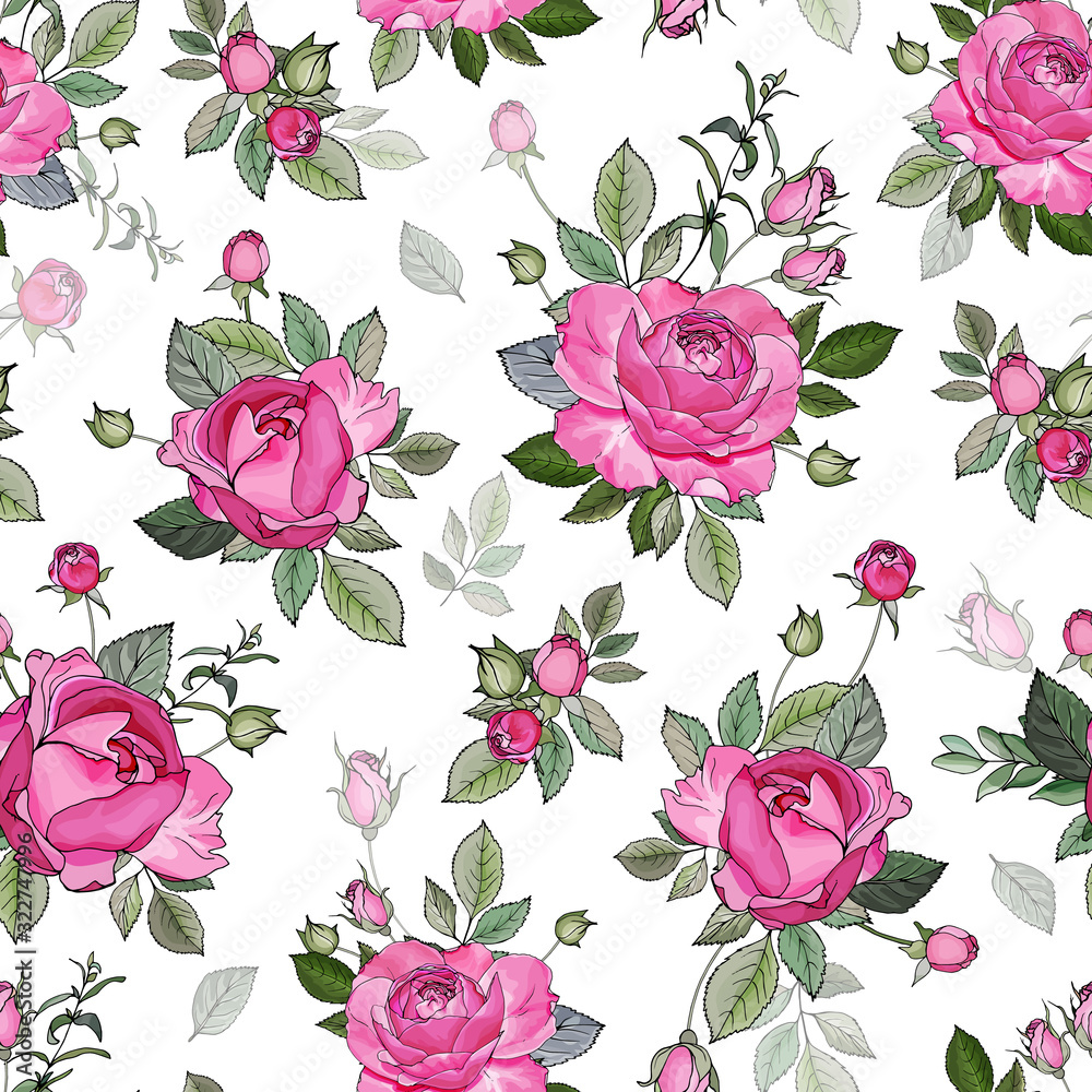 Pink seamless floral pattern with flowers rose, buds and green leaves on white background. Hand drawn. For textile, wallpapers, print, wrapping paper. Watercolor style. Vector stock illustration.