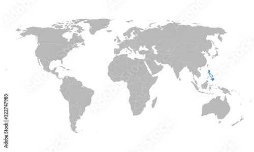 Philippines map highlighted blue on world political map. Gray background. Perfect for business concepts, backgrounds, backdrop, poster, sticker, banner, label and wallpaper.