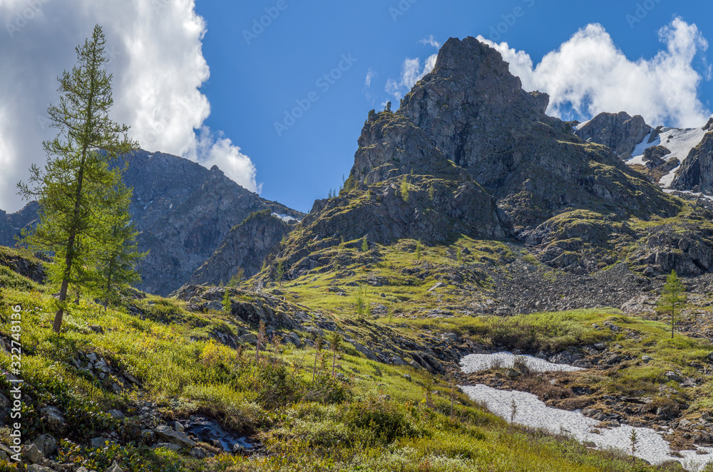 Spring in the mountains. Snow on the mountainside, the first green. Sunny day.