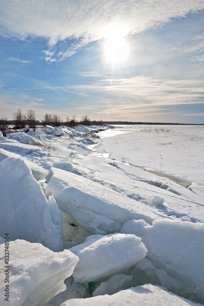 Ice hummocks on the Baltic Sea on a sunny day
