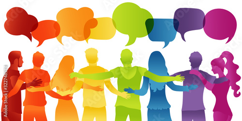 People diverse culture.Dialogue and friendship silhouette group of multiethnic people.Communication speak discussion.Crowd talking.Social network.Community.Speech bubble rainbow colors photo