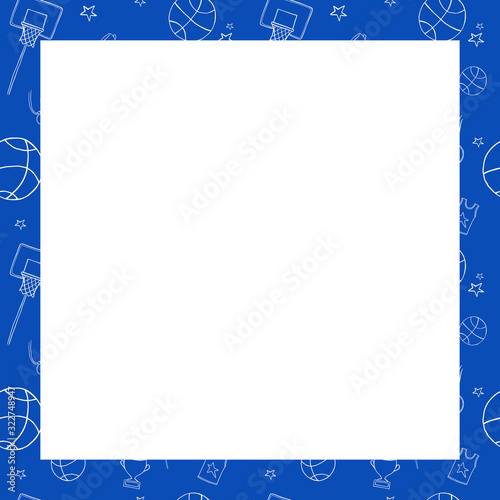 Repeating basketball classic blue frame. Included the icons as basketball hoop, balls, Winner's Cup, medal  and more.