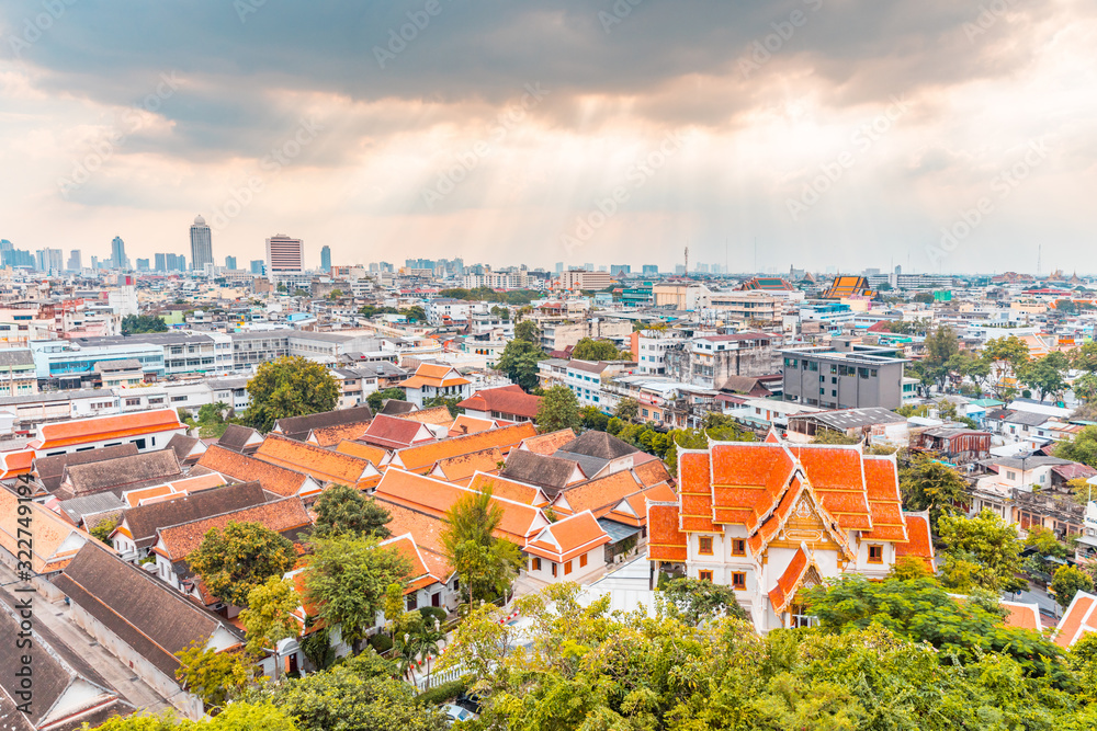 Panoramic view of Bangkok, Thailand, with a temple on foreground