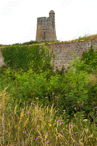 Citadel wall and Tower of La Hougue (Tour de La Hougue. Vauban Fortifications. UNESCO World Heritage Site. Saint-Vaast-La-Hougue, Normandy, France. 