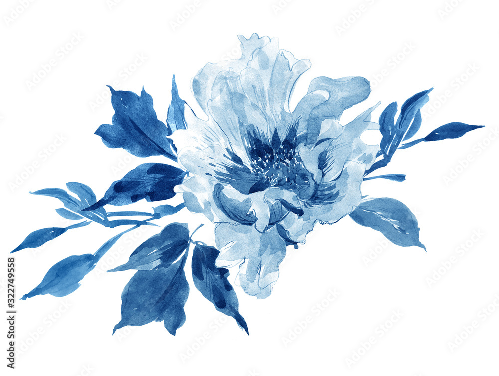 Obraz Clip Art Ręcznie malowane Akwarele Ilustracja kwiatowa Układ Piwonia Kobalt Niebieski Dekoracja Sztuka chińska