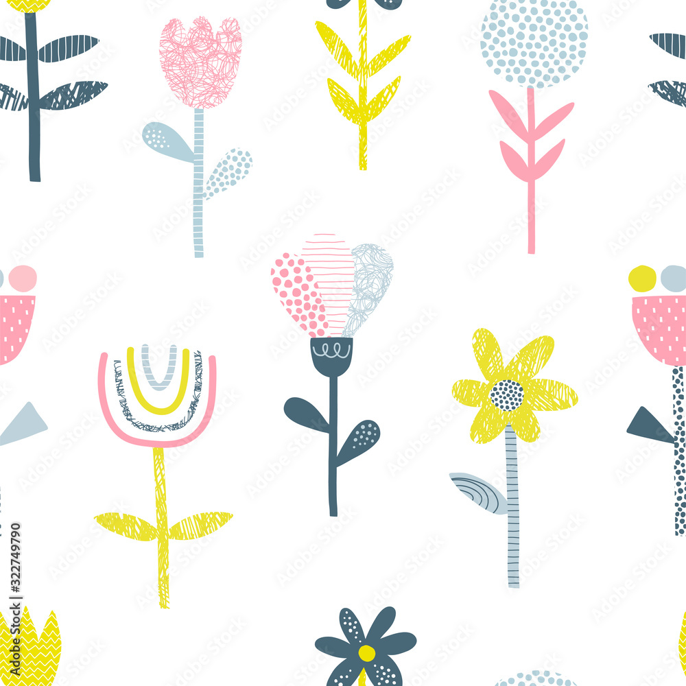 Abstract folk flowers vector seamless pattern. Doodle scribble, line and dot textured blooming plants background. Decorative Scandinavian floral multicolor backdrop.