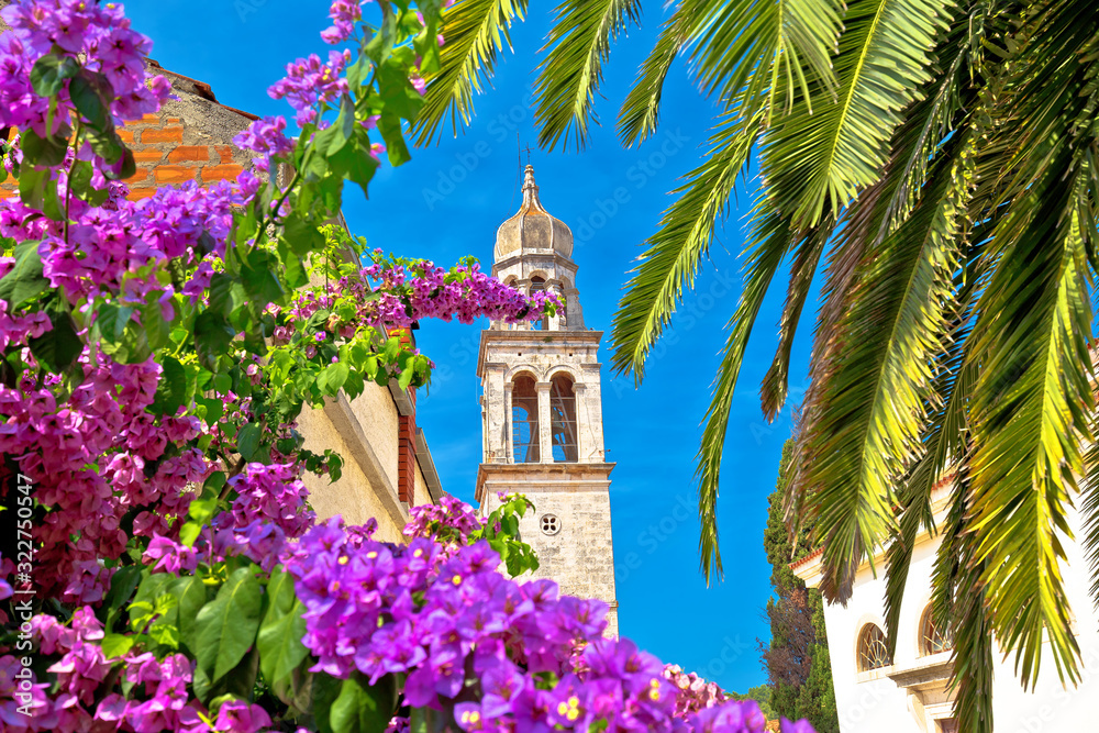 Vela Luka: Town of Vela Luka on Korcula island church tower and flowers view