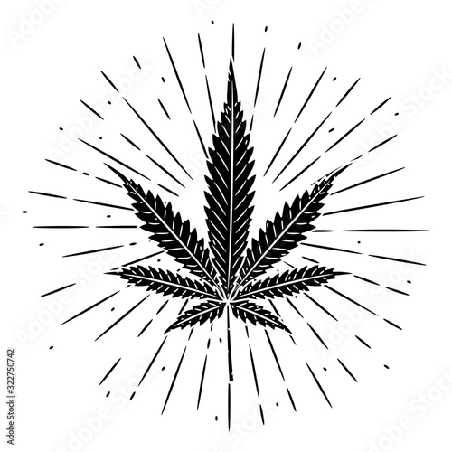 Hand drawn vector illustration with marijuana leaf. Used for poster, banner, t-shirt print, bag print, badges and logo design