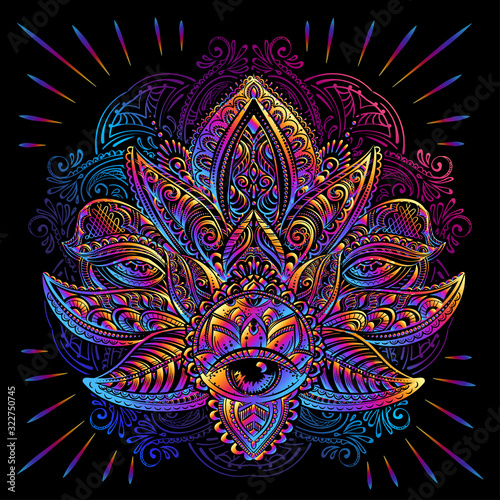 Ornamental oriental Lotus with all-seeing eye made in psychedelic iridescent colors, with elements of sacred geometry, paisley, ethnic art. Spiritualism, magical symbols for astrology and yoga