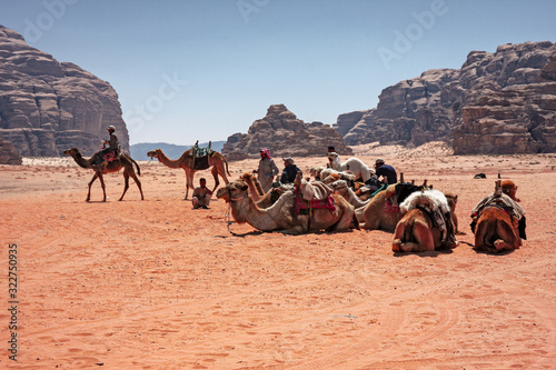 A group of Bedouins with their camels in the panorama of the rocky mountains and red sand in the Jordanian desert of Wadi Rum. © serghi8