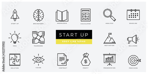 Start up and business icon set - minimal thin outline, web icon and symbol collection – start up, brainstorm, knowledge, analysis, bullhorn, motivation, profit, vision. Simple edgy vector illustration