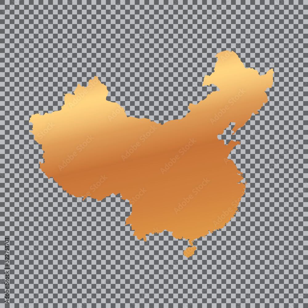 vector golden map outline of China on transparent background