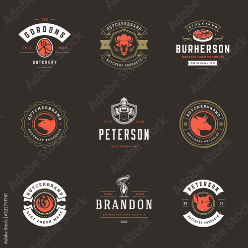 Butcher shop logos set vector illustration good for farm or restaurant badges with animals and meat silhouettes