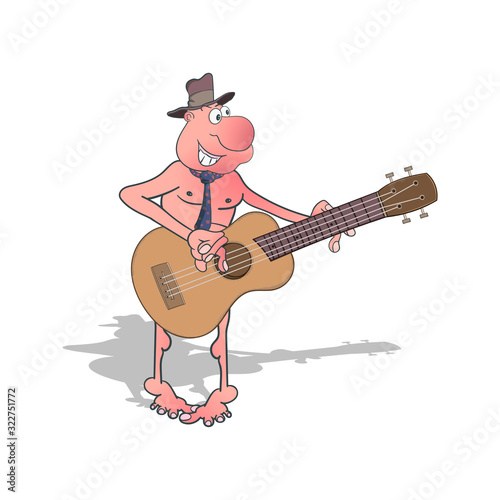Cartoon undressed man in a hat and tie plays the guitar. Vector illustration.