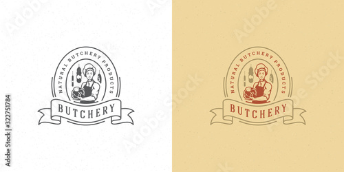 Butcher shop logo vector illustration chef holding meat silhouette good for farmer or restaurant badge