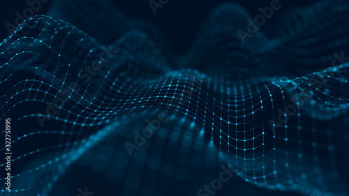 Futuristic abstract mesh. Wave with the connection of luminous points and lines. 3D rendering.