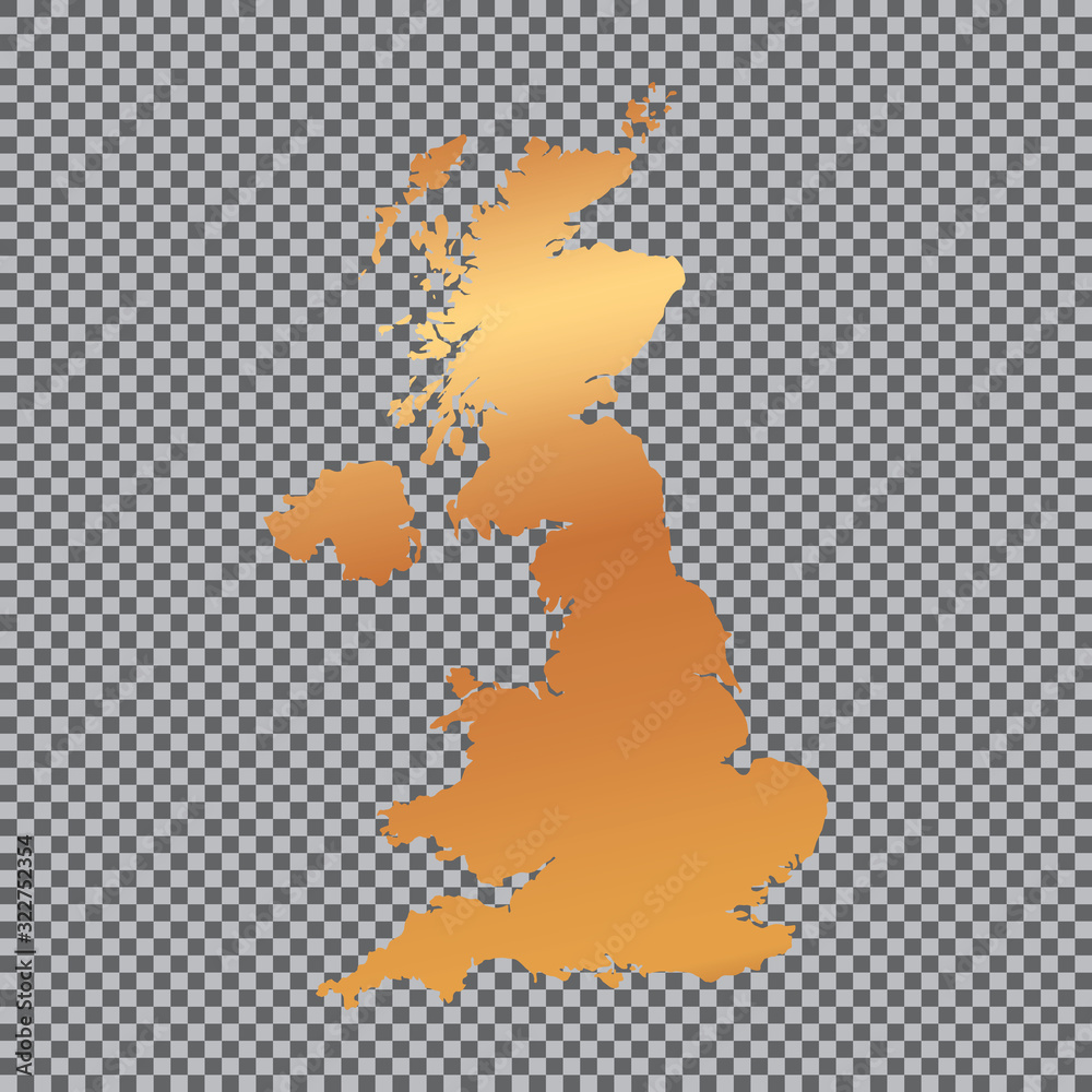 golden map of United Kingdom isolated on transparent background