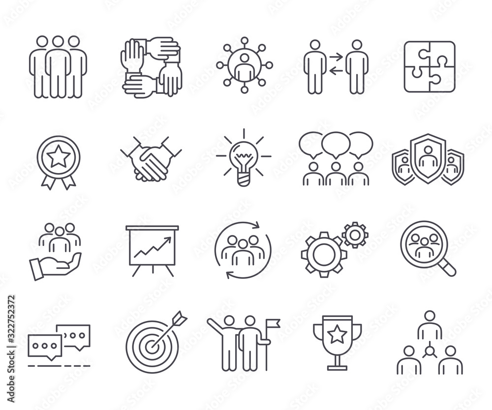 Naklejka premium Business teamwork, team building, work group. Outline icons set