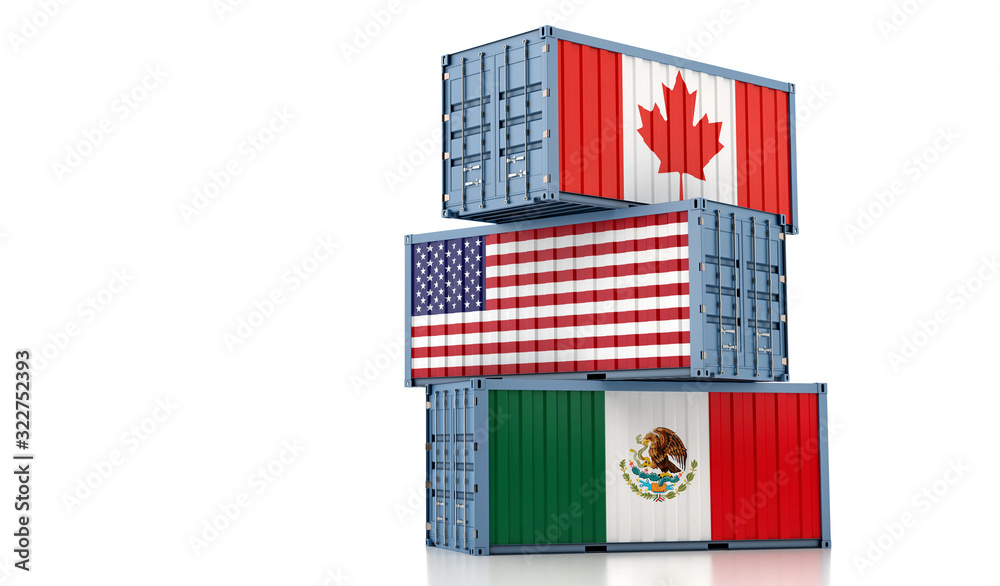Freight containers with Canada, USA and Mexico national flags - NAFTA North  American Free Trade Agreement - 3D Rendering ilustración de Stock | Adobe  Stock