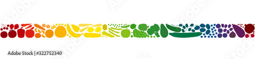 Colorful fruits and vegetables in a rainbow gradient colored row. Seamless extendable horizontal stripe. Isolated vector illustration on white background.