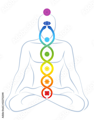 Meditating yoga man with colored chakras and rainbow gradient Kundalini serpent, symbolic for spirituality, balance, harmony, relaxation and healing power. Vector illustration on white.