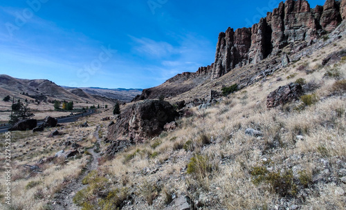 The amazing badlands and palisades of the John Day Fossil Beds clarno unit and rock formations in a semi desert landscape in Oregon State