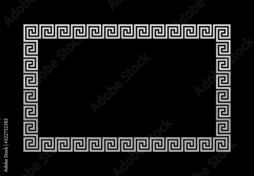 Silver meander rectangle frame, ancient greek motif, seamless pattern. Vector illustration on black background.