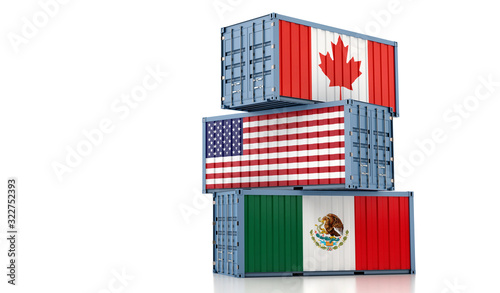 Freight containers with Canada, USA and Mexico national flags - NAFTA North American Free Trade Agreement - 3D Rendering
