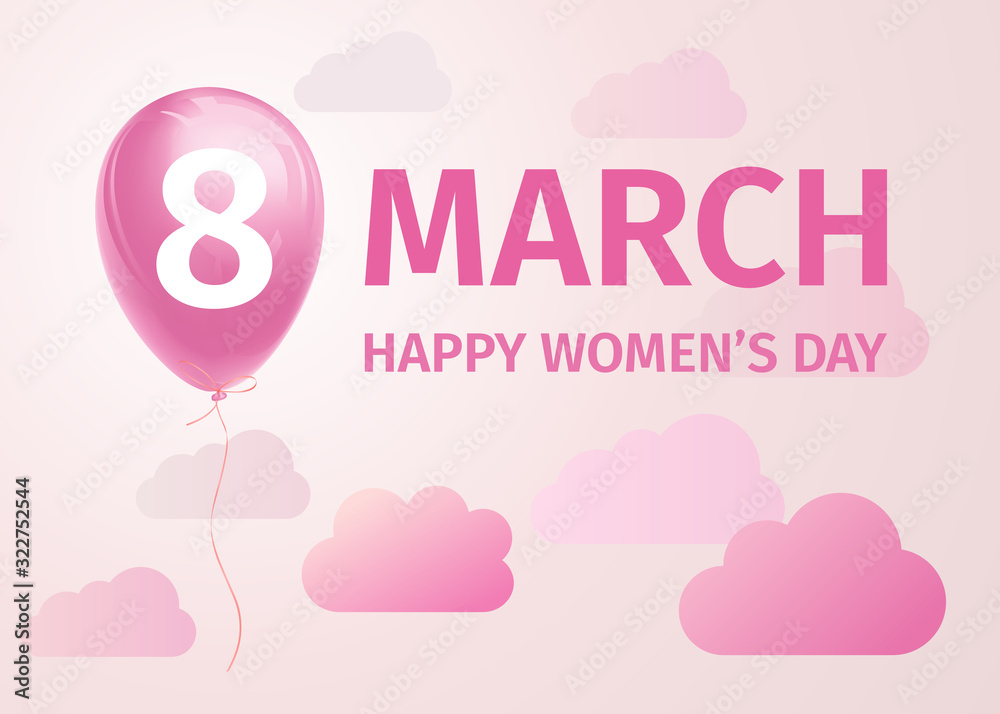 March 8. International Women's Day banner. Vector illustration with a flying helium balloon in the sky with clouds with number 8. Festive, love, women, femininity concept March 8. International Women's Day banner. Vector illustration with a flying helium balloon in the sky with clouds with number 8. Festive, love, women, femininity concept