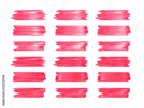 Red glitter brushstrokes set isolated at white background. Shiny texture paint stain illustration. Collection of vector hand drawn brush stroke design elements