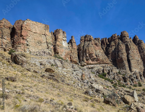 The amazing badlands and palisades of the John Day Fossil Beds clarno unit and rock formations in a semi desert landscape in Oregon State