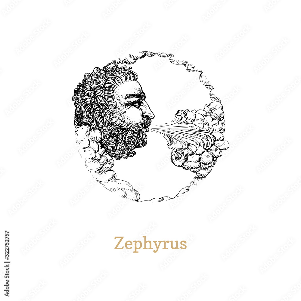 Zephyrus, west wind hand drawn in engraving style. Vector retro graphic