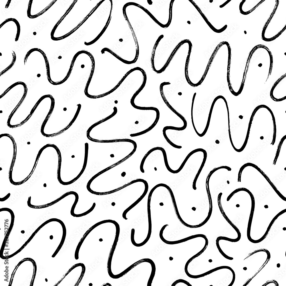 Swirls and curls vector seamless pattern with dots. Grunge black paint brush strokes. Curly hair imitation doodle ornament.