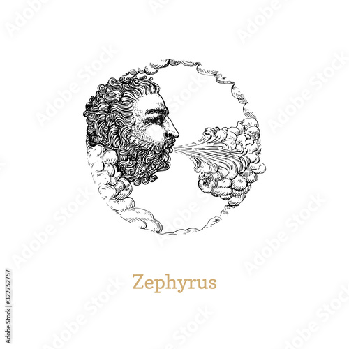 Zephyrus, west wind hand drawn in engraving style. Vector retro graphic illustration of mythological deity. photo