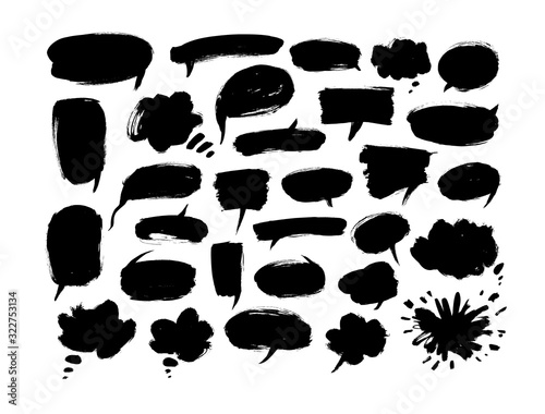 Black paint speech bubbles vector illustrations set. Hand drawn empty thought and text clouds isolated on white background.