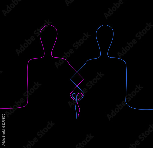 marriage concept, together forever simple idea, two vivid colored people connected with each other, man and woman creative contemporary idea,